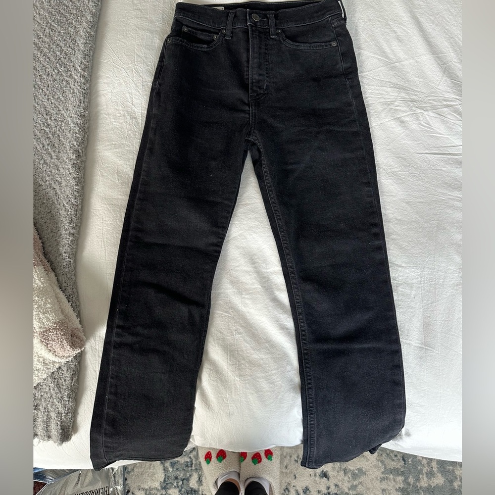 Black denim straight-leg jeans